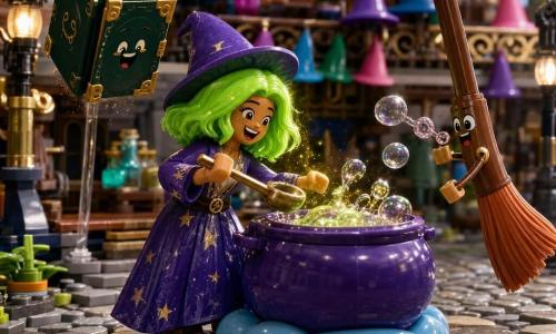 Une apprentie sorcière d’environ six ans, joyeuse et malicieuse, cheveux châtain clair en carré, porte une robe violette à étoiles et un petit chapeau pointu; elle rit en se penchant avec une louche sur un chaudron LEGO mauve et mousseux qui saute sur un coussinet nuage bleu en envoyant éclats de potion dorée et petites étoiles pendant que ses cheveux deviennent verts fluo; à droite flotte le balai Zigoto en bois brun aux poils orange, faisant des bulles et affichant un visage espiègle style LEGO, et à gauche un grimoire vivant vert sombre aux coins dorés fait voltiger ses pages; le tout se déroule sur le quai des balais avec pavé en briques, chapeaux accrochés, étagères de livres et potions, dans un style diorama net, coloré et chaleureux, centré sur la sorcière, le chaudron et le balai, adapté aux enfants.