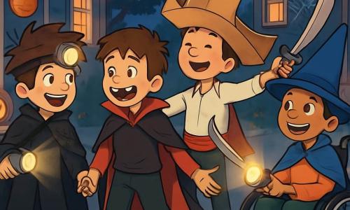 Quatre enfants se tiennent dans une rue décorée pour Halloween. Max, 10 ans, porte un costume de sorcier noir et tient une lampe frontale. Léo, 9 ans, est déguisé en pirate et fait une révérence. Jules, 10 ans, est habillé en vampire maladroit et rit en montrant ses fausses dents. Samir, 11 ans, en fauteuil roulant, porte une cape de magicien bleue et éclaire la scène. La rue est ornée de toiles d'araignées, lanternes et citrouilles sculptées, tandis qu'une brume légère ajoute du mystère. Les enfants marchent ensemble, riant et échangeant des blagues, un chat noir les observant, ajoutant une touche de magie à leur aventure.
