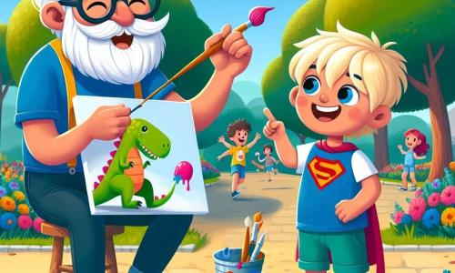 Un homme âgé, Monsieur Léon, avec une grande barbe blanche et des lunettes rondes, est assis sur un tabouret dans un parc ensoleillé, peignant un dinosaure coloré sur une toile. À ses côtés, un garçon de 8 ans, Tom, aux cheveux blonds en bataille et portant un t-shirt de super-héros, observe avec émerveillement, tenant un pinceau. Le parc est rempli de fleurs éclatantes et d'arbres majestueux, avec des enfants jouant en arrière-plan. La scène montre Monsieur Léon et Tom créant ensemble, le dinosaure joyeux avec une glace à la fraise sur la toile, symbolisant l'imagination et la magie de l'art.