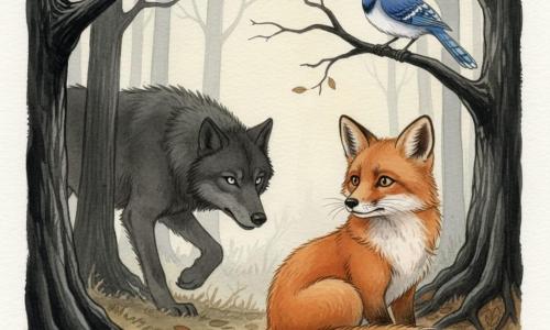 Un jeune renard roux aux yeux noisette et à la queue touffue, frémissant et regardant par-dessus son épaule, hésite à la lisière d'une forêt aux troncs noirs et racines apparentes ; un grand loup sombre au pelage gris charbon et aux yeux argentés avance en posture basse entre les troncs, tandis qu'un geai bleu inquiet est perché au-dessus, la scène baignée d'une brume d'aube pâle et de tons aquarelle, lourde de tension silencieuse.