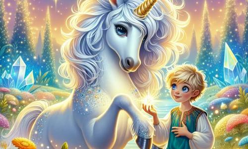 Au centre de l'image, une licorne nommée Étoile se tient fièrement avec une crinière d'argent et un corps blanc éclatant. Ses yeux expriment détermination et espoir alors qu'elle touche la Fleur des Étoiles avec sa corne, entourée d'une aura magique. À ses côtés, Léo, un garçon de dix ans aux cheveux blonds en désordre, l'observe avec émerveillement, souriant et prêt à célébrer. En arrière-plan, un jardin coloré et lumineux s'étend, avec des arbres en cristal et un ciel bleu parsemé de nuages, créant une atmosphère féerique. La scène illustre le moment où Étoile utilise la Fleur des Étoiles pour briser son sort, illuminant le jardin et remplissant l'air de joie.
