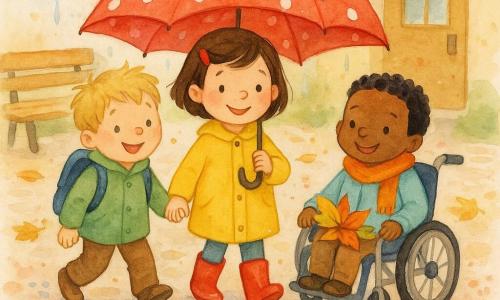 Trois enfants d’environ cinq ans traversent ensemble une grande flaque dans la cour d’école pavée sous un grand parapluie rouge à pois : une fille brune aux cheveux courts avec une barrette rouge, manteau jaune et bottes rouges tient le parapluie au centre et marche devant; à sa gauche un garçon blond en bataille, manteau vert et sac à dos bleu lui tient la main en souriant vers la flaque; à sa droite un garçon en fauteuil roulant aux cheveux noirs, manteau bleu clair et écharpe orange brillante roule doucement et tient des feuilles colorées sur ses genoux; autour, feuilles d’automne jaunes, oranges et brunes, un banc en bois et une porte de classe en arrière-plan, ciel gris pâle et gouttes de pluie formant de petits cercles et reflets argentés dans l’eau, avec de petites éclaboussures d’aquarelle autour des pieds et des feuilles.