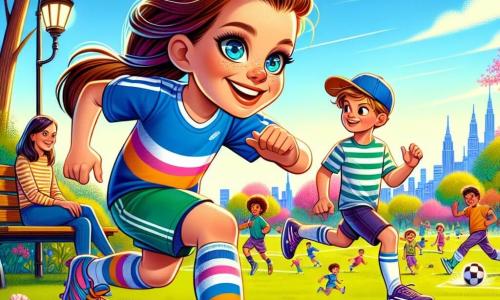 Au centre de l'image, Camille, une femme d'une trentaine d'années, sourit et dribble un ballon de football, vêtue d'un maillot coloré, d'un short et de baskets, avec une queue de cheval. À sa droite, Lucas, un garçon de 10 ans avec une casquette à l'envers, court vers le ballon. À sa gauche, Léa, une fille de 9 ans avec des lunettes, observe attentivement. Le décor est un parc verdoyant avec des arbres en fleurs et un ciel bleu, où des enfants jouent et des familles se rassemblent. La scène montre Camille et les enfants en entraînement de football, partageant leur passion pour le sport dans une ambiance joyeuse.