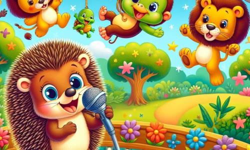 Henri, un petit hérisson au pelage brun, sourit sur scène avec un micro en brindilles, ses yeux pétillants. À ses côtés, Léon le lion danse joyeusement, tandis que Max le singe, espiègle, fait des grimaces sur une branche. Tania la tortue chante lentement à côté d'Henri. Le décor est un zoo coloré avec des arbres, des fleurs et des animaux curieux. L'atmosphère est festive, avec des ballons et des guirlandes, alors qu'Henri et ses amis se produisent dans un concours de talents, divertissant un public animal enthousiaste.