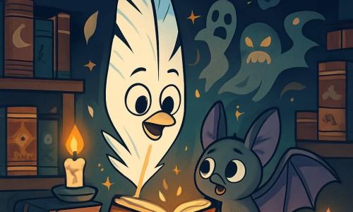 Plumella, une plume d'oie délicate, se tient au centre d'une bibliothèque poussiéreuse, entourée de livres anciens aux couvertures en cuir craquelé. Nocturne, une créature aux ailes de chauve-souris, l'observe avec inquiétude et espoir. La bibliothèque est éclairée par des chandelles, projetant des ombres dansantes. Des livres ouverts flottent autour d'eux, laissant s'envoler des pages. Plumella lit à haute voix une histoire ancienne, faisant émerger des créatures des contes, créant une atmosphère magique et troublante.