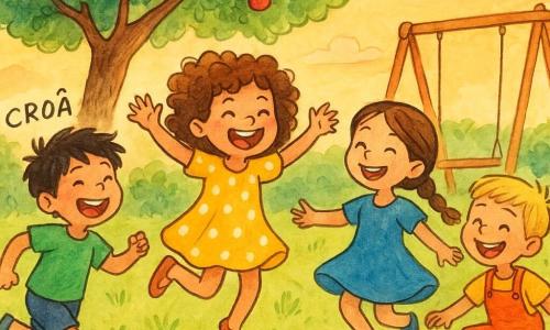 Mia, 4 ans, joyeuse et malicieuse, cheveux bouclés châtains, robe jaune à pois blancs, saute à pieds joints comme une petite grenouille, bras écartés et visage riant; Léo, ~5 ans, cheveux noirs en bataille, tee-shirt vert, court en riant en faisant 