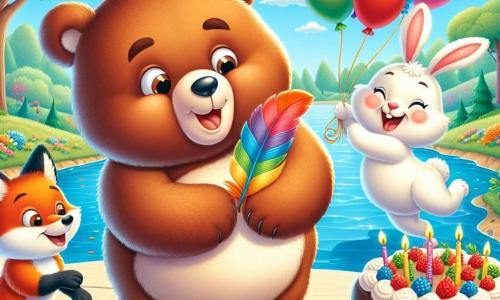 Un ours brun nommé Bruno, souriant et tenant une plume colorée, est au centre de l'image. À sa droite, un petit lapin blanc aux grandes oreilles saute avec un gâteau de carottes. À gauche, un renard roux sourit en tenant des ballons colorés. La scène se déroule près d'une rivière, entourée d'arbres et de fleurs, sous un ciel bleu avec des nuages. Au premier plan, une table en bois est remplie de gâteaux et de décorations. Bruno et ses amis célèbrent son anniversaire dans une atmosphère festive et chaleureuse.