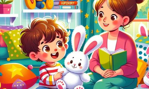Léo, un petit garçon de 4 ans aux cheveux châtains en bataille et aux yeux curieux, est assis sur un tapis moelleux, souriant joyeusement tout en tenant sa peluche Lapinou, un adorable lapin blanc. À côté de lui, sa maman d'une trentaine d'années, avec des cheveux bruns en chignon, le regarde tendrement depuis un coussin coloré. La scène se déroule dans la chambre de Léo, remplie de jouets colorés et de posters de super-héros, baignée par une lumière chaleureuse. Ensemble, ils imaginent un jardin magique où les fleurs dansent et les arbres rient, avec Lapinou prêt à les accompagner dans cette aventure.