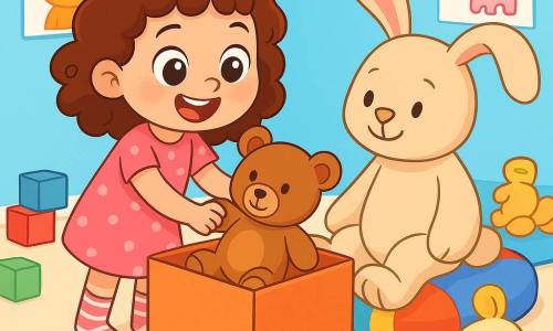 Une petite fille de 4 ans, souriante, essaie de ranger ses peluches dans une boîte. Elle porte une robe rose à pois et des chaussettes rayées. À côté, un gros lapin en peluche l'observe, assis sur un coussin coloré. La chambre d'enfant est lumineuse, remplie de jouets éparpillés et décorée de dessins d'animaux. La scène montre la petite fille face au défi de ranger ses peluches, créant une ambiance ludique et joyeuse. Les couleurs vives et les expressions des personnages ajoutent à l'atmosphère de bonheur et de créativité.
