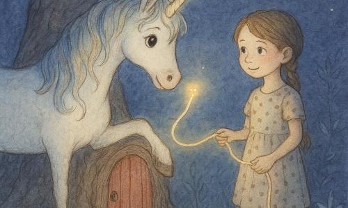 Une licorne blanche nacrée à crinière irisée pose une patte sur le rebord d'une petite porte au pied d'un vieux pommier rouge, suivant un fil lumineux que tient une fillette de huit ans en tresse et robe à pois, tandis qu'un escargot à lanterne éclaire les pierres moussus dans un jardin nocturne bleu-violet parsemé de fleurs argentées et de lucioles — un instant de découverte silencieuse et magique.