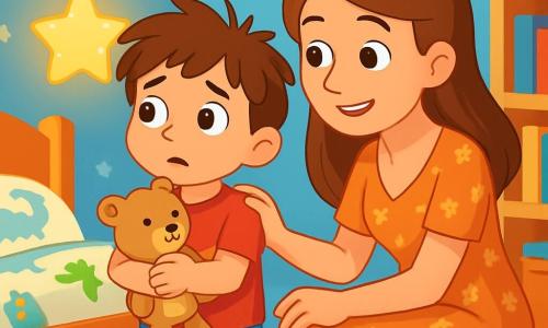 Léo, un petit garçon de 4 ans aux cheveux bruns en bataille et aux grands yeux curieux, regarde autour de lui avec émerveillement et crainte. Il porte un t-shirt rouge avec un dinosaure et un short bleu, tenant son doudou en peluche. Sa maman, une femme d'une trentaine d'années aux cheveux longs et châtains, sourit en s'accroupissant à ses côtés, vêtue d'une robe légère à fleurs. La scène se déroule dans la chambre de Léo, peinte en bleu clair avec des murs décorés de nuages et d'étoiles, un lit aux draps de dinosaures, une étagère de livres colorés et des jouets au sol. Léo, inquiet, observe la veilleuse en forme d'étoile qui éclaire doucement la pièce, tandis que sa maman lui explique que la lumière va chasser ses peurs.