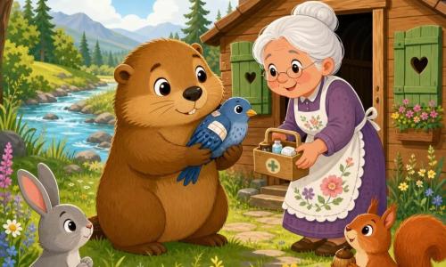 Léo, une marmotte au visage rond et pelage brun doré, tient délicatement un petit oiseau bleu blessé tandis que Madame Claire, une vieille dame aux cheveux blancs en chignon et tablier fleuri, lui tend une boîte de soins devant la porte de sa maisonnette en bois; autour, un lapin gris et un écureuil roux observent dans une clairière lumineuse au bord d'une rivière, herbes hautes et fleurs sauvages, sous une douce lumière d'après-midi, scène centrée sur le soin et la compassion.