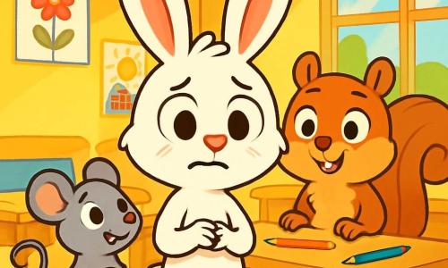 Léon, un petit lapin blanc aux grandes oreilles et yeux ronds, est au centre de l'image, inquiet et un peu coupable, ses pattes tremblant légèrement. À ses côtés, Lila, une petite souris grise souriante, le regarde avec compréhension, tandis que Timéo, un écureuil brun curieux et amical, se tient derrière eux. La scène se déroule dans une salle de classe ensoleillée aux murs jaunes, ornée de dessins colorés et de bureaux en bois, avec des crayons éparpillés sur les tables. Léon avoue à ses amis qu'il a oublié son crayon et a menti, tandis que Lila et Timéo l'écoutent attentivement, prêts à le soutenir.