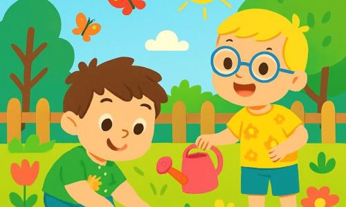 Léo et Tom, deux garçons de 7 ans, plantent des graines dans un jardin d'école ensoleillé. Léo, avec des cheveux bruns en bataille, porte un t-shirt vert et un short bleu, tandis que Tom, aux cheveux blonds et lunettes rondes, est en t-shirt jaune et pantalon court. Ils sont entourés de fleurs colorées et de verdure, heureux et concentrés sur leur tâche pour faire fleurir leur jardin.