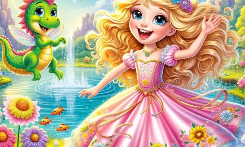La princesse Luciole, une jeune fille d'environ 10 ans aux cheveux dorés, porte une robe en satin rose ornée de fleurs colorées. Son visage rayonne de joie alors qu'elle danse au bord d'un lac scintillant. À ses côtés, Dragobert, un petit dragon vert avec un grand chapeau de paille, chante joyeusement. Le décor enchanteur comprend un lac cristallin, des fleurs dansantes et des arbres aux feuilles dorées, tandis que des poissons sautent hors de l'eau. Luciole et Dragobert rient ensemble, entourés de lutins souriants prêts à raconter des blagues. L'atmosphère est joyeuse et magique, remplie de rires.