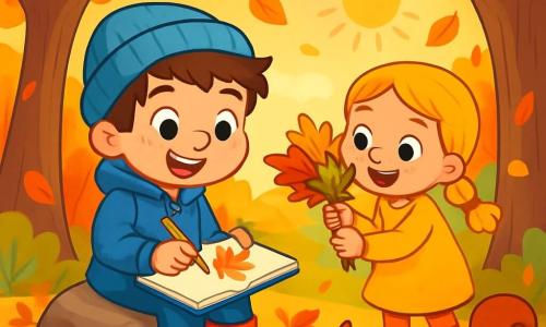 Un garçon de 6 ans, Arthur, avec des cheveux bruns en bataille et des yeux curieux, porte un manteau bleu vif et des bottes rouges. Il est assis sur une pierre, souriant et dessinant dans son carnet, entouré de feuilles d'automne. À côté de lui, une petite fille de 6 ans, avec des cheveux blonds tressés et une robe jaune, ramasse des feuilles, tenant un bouquet coloré. Un écureuil roux s'approche, cherchant des noisettes. La scène se déroule dans une forêt enchantée, sous un soleil doré, où Arthur et son amie explorent et partagent leurs trésors d'automne.