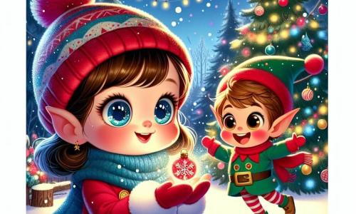 Mélodie, une petite fille de 3 ans aux grands yeux brillants et joues roses, porte un manteau rouge vif et une écharpe bleue. Émerveillée, elle tient une vieille boule de Noël scintillante. À ses côtés, Nino, un lutin joyeux d'environ 5 ans avec un chapeau rouge pointu, danse autour d'un grand sapin, tenant une baguette magique brillante. La scène se déroule dans une forêt enchantée, couverte de neige scintillante et illuminée par des lumières colorées. Mélodie et Nino utilisent la boule de Noël pour répandre la magie de Noël, apportant joie et bonheur aux êtres vivants autour d'eux.