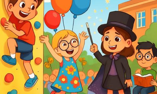 Quatre enfants sont présents : Lucas, 10 ans, cheveux bruns en bataille, t-shirt rouge et short bleu, grimpe sur un mur d'escalade avec un grand sourire ; Emma, 9 ans, cheveux blonds tressés, lunettes rondes, robe colorée, danse joyeusement sur scène ; Léa, 10 ans, cheveux châtains, appareils auditifs, costume de magicienne noir et violet, se prépare à réaliser un tour de magie au centre de la scène ; Tom, 10 ans, cheveux noirs, lunettes, t-shirt vert et jean, est assis à côté de Léa avec un livre ouvert. L'endroit est une cour d'école festive, décorée de ballons et de banderoles, où parents et enfants applaudissent. Léa, la magicienne, captive le public avec son tour de magie, encouragée par les autres enfants, créant une ambiance joyeuse.