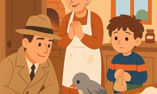 Léo, détective dans la trentaine au visage doux, trench-coat beige et chapeau, accroupi près d'une porte entrouverte, regarde une table en souriant calmement; derrière lui, Madame Lise, boulangère d'environ 50 ans au tablier blanc taché de farine et aux cheveux gris attachés, se tient debout, mains jointes, soulagée et surprise; Hugo, garçon d'environ 8 ans aux cheveux bruns en bataille et pull coloré, est près de la fenêtre, timide et curieux, tenant un petit sac en toile; sur la brioche dorée, un petit oiseau gris au bec taché de confiture picore et laisse une goutte brune; lieu: cuisine de boulangerie lumineuse avec grande table en bois, nappe à carreaux, four rougeoyant et pots de confiture sur le rebord, farine saupoudrée; scène: trio caché derrière la porte observe l'oiseau picorer la brioche, moment tendre et drôle, lumière matinale chaude, ambiance cosy.