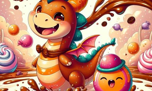 Au centre de l'image, un dragon en chocolat nommé Caramélion, avec des écailles brillantes et une écharpe en caramel, sourit joyeusement, éclaboussant du chocolat chaud. À ses côtés, Gigolos, un petit globuloïde coloré, est excité, son chapeau melon changeant de couleur. Il saute dans un lac de caramel, les bras ouverts. En arrière-plan, des bonbons volants laissent une traînée scintillante, et des arbres en barbe à papa se dressent autour d'eux. La scène se déroule au bord d'une cascade de chocolat chaud, créant une ambiance magique. Gigolos et Caramélion s'amusent ensemble, illustrant une journée pleine de joie dans la forêt de Floubi-Gloubi.