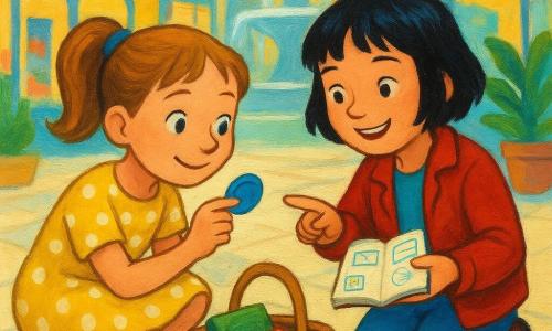 Deux fillettes de 7 ans, Léa (cheveux châtain clair en couette, robe jaune à pois blancs) accroupie à gauche tenant délicatement un petit badge bleu et soulagée, et Mia (cheveux noirs courts, veste rouge) à droite, un genou au sol, souriante, montrant le badge et tenant un petit carnet ouvert avec dessins et tickets, viennent de retrouver le badge dans la boîte aux objets trouvés d'une galerie marchande lumineuse au sol carrelé blanc, grandes vitrines colorées et grande fontaine floutée en arrière-plan ; scène douce et joyeuse au crépuscule, gestes précis, expressions de soulagement et de fierté, palette de couleurs vives (jaune, rouge, bleu, vert).