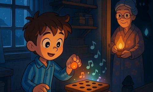 Léo, 8 ans, cheveux châtains en bataille, yeux grands et timides, en pyjama rayé bleu, tient délicatement un petit caillou orange lumineux entre pouce et index au‑dessus d’une boîte en bois à sept trous qui émet un cercle doux de lumière colorée et de petites notes musicales flottantes ; à droite, Mamie Odette, ~70 ans, robe de chambre à fleurs, cheveux gris en chignon, sourire doux, tient une lampe à huile contre sa poitrine ; dans l’ombre du couloir un Gardien des Choses Perdues, créature ombreuse non humaine à silhouette pointue et petit chapeau, veille silencieusement avec une main lumineuse ; la chambre en bois aux poutres apparentes, table de nuit usée, tapis persan, étagères de boîtes poussiéreuses et une lune argentée à travers une fenêtre à carreaux crée une atmosphère de conte légèrement effrayant mais rassurant, contrastes d’ombres bleutées et lueurs chaudes, poussière visible dans les rayons et rendu proche à hauteur d’enfant en cel‑shading aux couleurs saturées.
