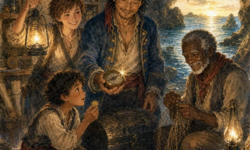 Malo Tenaille, capteur calme et chaleureux au sourire discret, porte une veste de capitaine bleu usée, bandana rouge et mains rugueuses; il tient une petite boussole en bois scintillante pointant vers l'horizon, debout près d'un grand coffre sombre; à gauche, Sable, vieil homme d'environ 70 ans aux cheveux gris et peau tannée, regard malicieux, répare un filet assis sur un tabouret avec une lampe à huile à côté; derrière Malo, Lila, jeune femme d'environ 22 ans aux cheveux courts et mains calleuses, sourit en tenant une lanterne qui éclaire la scène; agenouillé devant le coffre, Pio, garçon d'environ 11 ans et demi aux yeux brillants et joues rougies, tient une pièce d'or en regardant la boussole; le lieu est une grotte-tresor ouverte sur la mer, murs de pierre humide, étagères en bois chargées de cartes et d'instruments marins, un brasero diffuse une lueur chaude et des reflets dorés dans l'eau visible par une fenêtre rocheuse; ambiance intime et lumineuse où l'équipage partage le trésor au lieu de piller, la boussole symbolisant le choix, atmosphère de camaraderie et de bonté, dominée par des bleus marins, bruns chaleureux et accents d'or scintillant, rendu en texture papier aquarelle avec lavis doux et pigments légèrement granuleux, traits fluides, contours et ombres délicats.