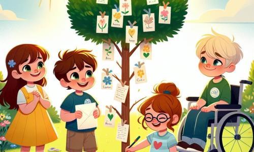 Dans un jardin ensoleillé, quatre enfants entourent un jeune arbre. Emma, 10 ans, en robe jaune, tient une lettre. Lucas, 9 ans, sourit, tandis que Chloé, 10 ans, dessine un cœur sur l'herbe. Max, 11 ans en fauteuil roulant, sourit également. Le jardin est fleuri et ensoleillé, créant une ambiance chaleureuse. L'arbre, récemment planté, est décoré de mots accrochés à ses branches, portant des souvenirs et des messages d'amour. Les enfants se réunissent pour honorer la mémoire du grand-père d'Emma, partageant rires et souvenirs tout en écrivant des lettres à accrocher à l'arbre.