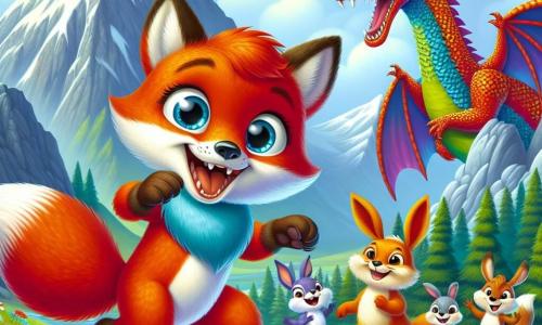 Illustration d'un petit renard au pelage rouge vif, dansant joyeusement sur un chemin de montagne avec une baie bleue dans sa patte. À proximité, un dragon coloré rit aux éclats, ses ailes déployées. Un groupe d'animaux de la forêt, dont des lapins et des écureuils, applaudit en arrière-plan. La montagne majestueuse est entourée de brume et de fleurs sauvages, sous un ciel bleu éclatant. Cette scène symbolise le triomphe du renard sur un défi impossible, capturant l'énergie et la magie du moment, avec des éclats de rire et de couleurs vives.