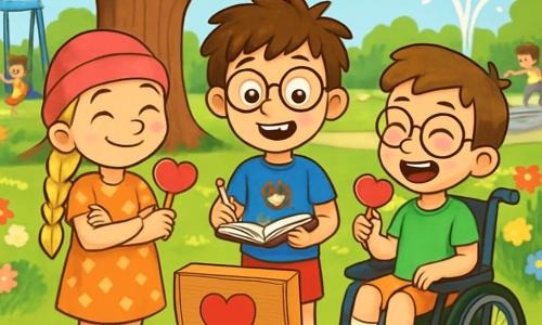 Il y a trois personnages : Léo, un garçon de 10 ans avec des cheveux bruns en bataille et des lunettes rondes, souriant au centre avec un carnet et un crayon. Mina, une fille de 10 ans aux longs cheveux blonds tressés et un bonnet rose, se tient à gauche de Léo, les bras croisés avec un grand sourire et une sucette en forme de cœur. Tom, un garçon de 10 ans avec des cheveux châtains et des lunettes, est à droite de Léo dans un fauteuil roulant, riant avec une sucette dans la bouche. L'image se déroule dans un parc ensoleillé avec un grand chêne, des balançoires colorées et une fontaine. Léo, Mina et Tom découvrent une boîte en bois décorée de cœurs sous le chêne, entourés de chocolats et de petits cadeaux, célébrant leur amitié pour la Saint-Valentin.