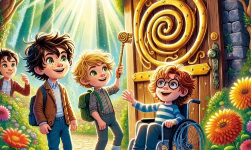 Dans un jardin ensoleillé, quatre garçons se rassemblent : Max, 8 ans, avec des cheveux bruns en bataille et un grand sourire, tient une clé dorée. À ses côtés, Hugo, 9 ans, aux cheveux blonds et lunettes rondes, observe la clé avec curiosité. Jules, 7 ans, aux cheveux roux et taches de rousseur, saute de joie, tandis que Léo, 10 ans en fauteuil roulant, sourit d'excitation. Le jardin est rempli de fleurs colorées et d'arbres verdoyants, avec une porte en bois mystérieuse cachée derrière un buisson. Les garçons viennent de découvrir cette porte secrète menant à un monde magique et sont impatients de l'ouvrir.