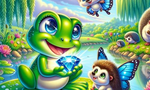 Une petite grenouille nommée Gracieuse, avec une peau verte éclatante et des yeux pétillants, se tient sur une grande feuille de nénuphar au bord d'une mare, tenant une pierre précieuse dans ses pattes. Elle sourit, pleine de joie. À côté d'elle, un papillon bleu vole joyeusement, admirant la pierre. En arrière-plan, un hérisson amical observe la scène, assis sur le sol fleuri. La mare est entourée de saules et d’un ciel bleu clair avec des nuages blancs. Gracieuse découvre la pierre magique et partage sa joie avec ses amis dans un cadre enchanteur et coloré.