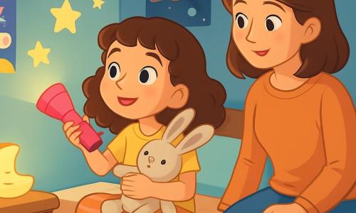 Camille, une fille de 8 ans aux cheveux bruns et bouclés, est assise sur son lit, tenant son doudou lapin, Lapinou. Elle regarde sa lampe de poche rose qui éclaire des étoiles autocollantes sur le mur. À ses côtés, sa maman, douce et rassurante, lui sourit. La chambre est décorée de couleurs pastel, avec des posters de licornes et un tapis moelleux. Camille, un peu nerveuse mais déterminée, utilise sa Super-Lampe Courageuse pour éclairer les coins sombres tout en partageant une histoire amusante avec sa maman, transformant sa peur du noir en un moment magique.