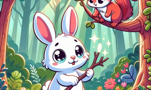Un petit lapin aux grandes oreilles et au pelage blanc, avec des yeux pétillants de curiosité, se tient debout dans une forêt enchantée, tenant un bâton brillant. À côté de lui, un écureuil aux poils roux grimpe sur une branche, observant le lapin avec enthousiasme. La scène se déroule dans une forêt luxuriante, remplie d'arbres aux feuilles vertes, de fleurs colorées et de rayons de soleil. Le lapin et l'écureuil découvrent ensemble le bâton mystérieux, se demandant s'il est magique, tout en jouant et en riant.