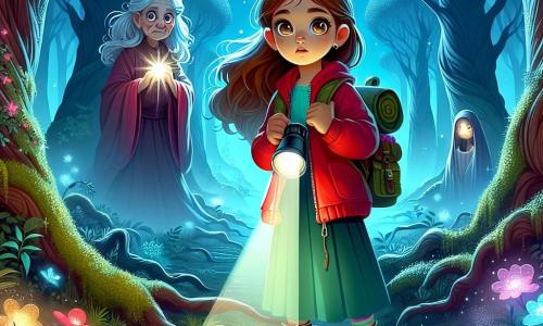 Une fille de 12 ans, avec de longs cheveux bruns et des yeux curieux, se tient au centre d'une clairière mystérieuse, son visage éclairé par la lune. Elle porte une veste rouge et un sac à dos rempli de trésors, tenant une lampe torche qui éclaire les ombres autour d'elle. À ses côtés, une vieille femme aux cheveux argentés et aux yeux sages, vêtue d'une robe flottante, se tient légèrement en retrait. La clairière est entourée de grands arbres dont les feuilles scintillent à la lumière de la lune, créant des ombres fascinantes sur le sol. Des fleurs luminescentes ajoutent une touche de magie. La fille, émerveillée et nerveuse, écoute la vieille femme raconter des histoires sur les Gardiens de l'Ombre, tandis que des ombres dansent autour d'elles, symbolisant la découverte et le courage.