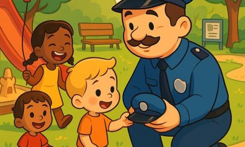 Monsieur Paul, policier souriant et bienveillant au visage rond et moustache fine, en uniforme bleu et casquette noire, accroupi tend une petite casquette bleue à Léo, un petit garçon blond heureux et soulagé ; Tom, environ 6 ans, cheveux châtain courts, genou éraflé, sourit assis sur l'herbe près d'un toboggan rouge ; Emma, environ 5 ans, en robe jaune et nattes brunes, tient son ballon rouge retrouvé et rit près d'un banc en bois — scène dans un parc coloré (toboggan, bac à sable, pelouse fleurie), lumière douce de fin de matinée, ambiance sereine et joyeuse.