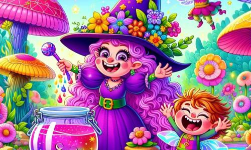 Dans un jardin enchanté, Pétunia, une sorcière farfelue aux longs cheveux bouclés violets et portant un grand chapeau décoré, sourit joyeusement en tenant une fleur de l'arc-en-ciel et un pot de confiture, prête à briser le sort de la gelée rose. À ses côtés, Zéphyr, un lutin farceur de 10 ans aux ailes brillantes, rit aux éclats en sautant de joie. Le jardin est rempli de fleurs géantes et de trolls dansants, créant une atmosphère festive et magique. La scène illustre leur préparation d'une potion pour rompre le sort, entourés de rires et de magie.