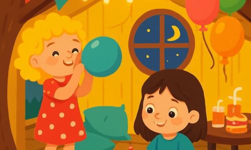 Il y a deux personnages principaux : Zoé, une petite fille de 7 ans aux cheveux bouclés et blonds, en robe rouge à pois blancs, qui sourit en gonflant un ballon coloré, et Mila, une petite fille de 6 ans aux cheveux lisses et bruns, en t-shirt bleu et pantalon rose, assise sur un coussin, dessinant des invitations avec des crayons de couleur. La scène se déroule dans une cabane perchée dans un arbre, décorée de guirlandes scintillantes et de ballons colorés, avec des murs jaunes, des coussins moelleux, des gâteaux décorés et des jus de fruits pétillants. À travers les fenêtres, on aperçoit la lune et les étoiles. Zoé et Mila préparent une fête du Nouvel An joyeuse, entourées de décorations colorées, dans une ambiance festive.
