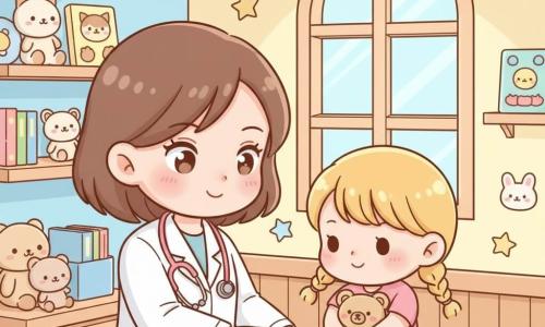 Médecin femme souriante aux cheveux châtains courts, blouse blanche et stéthoscope rose, applique un pansement coloré sur le genou d'une fillette de 4 ans assise sur la table d'examen, cheveux en couettes et doudou beige serré, dans un petit cabinet lumineux aux murs pastel, peluches, livres et stickers, ambiance tendre, calme et rassurante.