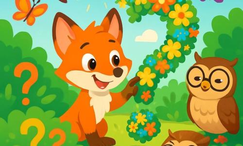 Filou le renard, avec sa fourrure rousse et ses yeux curieux, se trouve dans un jardin magique. Il sourit émerveillé, touchant un grand point d'interrogation en fleurs, entouré de buissons de « Pourquoi ? » et de « Comment ? ». À sa droite, une chouette sage aux lunettes en coquille de noix l'observe avec bienveillance, tandis qu'à gauche, un hérisson amusé roule sur le dos en riant. Le jardin, baigné de lumière dorée, est rempli de questions colorées et de papillons scintillants, créant une atmosphère joyeuse. Filou explore ce lieu enchanteur, prêt à découvrir ses mystères.