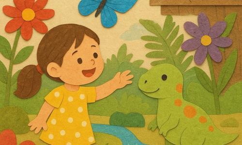 Fille de 4 ans émerveillée, cheveux bruns en couette, robe jaune à pois blancs, tend la main vers un papillon bleu; un petit dinosaure vert clair tacheté d'orange, de la taille d'un chien et au regard doux, l'accompagne dans un jardin préhistorique coloré (fleurs géantes, fougères, ruisseaux et roches) tandis qu'elle touche une fleur; en arrière-plan, une poutre de grenier en bois avec une boîte à boutons lumineuse.
