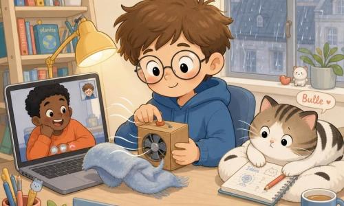 Malo, 11 ans, cheveux bruns ébouriffés et lunettes rondes, souriant et concentré, tient une petite boîte en carton avec un mini ventilateur et appuie sur un bouton pendant qu’on voit Sami, ~12 ans en pull orange, rire depuis l’écran d’un ordinateur posé sur le bureau ; à droite, le chat moelleux Bulle, blanc tigré, pose une patte sur un carnet, une chaussette bleue rayée roulée en boule commence à bouger au bord du bureau ; le coin télétravail est petit et chaleureux (bureau en bois clair, lampe jaune douce, bibliothèque penchée, fenêtre sur toits pluvieux, outils éparpillés) ; Malo teste son “Coussin-Souffleur” — souffle visible par de petites lignes courbes, tissu qui se soulève légèrement, expression de fierté et d’étonnement — le tout dans une palette pastel, traits arrondis, contours fins et lumière douce de la lampe et de l’écran.
