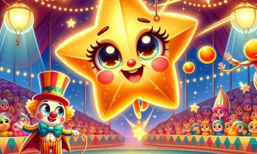 Étoile, une petite étoile filante aux yeux brillants, scintille de joie en flottant dans les airs, entourée d'une lumière éclatante. Elle sourit et observe le spectacle avec émerveillement. Grincheux, le clown joyeux au nez rouge, jongle avec des oranges tout en riant, vêtu d'un costume coloré. Juste en dessous d'Étoile, il exprime une joie contagieuse. Zigzag, le funambule agile, est en équilibre sur un fil tendu, concentré et déterminé à réaliser une pirouette spectaculaire. Le lieu est une grande tente de cirque colorée, avec des lumières scintillantes et des spectateurs émerveillés. Étoile illumine le numéro de Zigzag, qui effectue une acrobatie audacieuse, tandis que Grincheux applaudit et encourage, créant une ambiance festive.