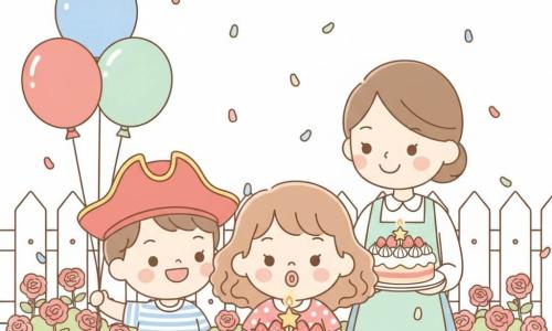 Fille de 4 ans très heureuse, yeux brillants, large sourire, cheveux bouclés châtain clair, robe rose à pois blancs, soufflant une bougie en forme d’étoile sur un gâteau à la chantilly garni de fraises ; garçon de 4 ans, chapeau de pirate rouge, cheveux courts bruns, air joueur, tenant des ballons rouges, bleus et verts à gauche de la table ; la maman, sourire tendre, cheveux en chignon, tablier pastel, tient le gâteau en arrière-plan à droite ; petit jardin ensoleillé avec clôture blanche, fleurs colorées, table en bois décorée de guirlandes et d’assiettes colorées ; confettis qui tombent, ambiance chaleureuse et ludique ; palette douce et vive (rose, bleu ciel, vert menthe), traits ronds, contrastes nets, style kawaii minimal, composition claire pour enfants.