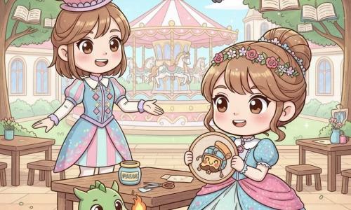 Princesse Zélie (environ 8 ans) sourit sereine, cheveux châtain clair en chignon avec paillettes, robe pastel rose et bleue et couronne de fleurs, assise près d’une table avec pot de colle et ciseaux en tenant un badge rond en carton décoré d’une pizza casquée et moustachée; Pip, petit dragon vert tendre aux ailes minuscules et flamme timide au bout du nez, roule sur sa queue à côté de la table en applaudissant; une fée guichetière jeune porte un chapeau en forme de théière et un uniforme coloré, debout derrière le manège saluant; un pigeon facteur rigolo vole au-dessus en tenant une lettre; lieu : cour du palais décorée de guirlandes pailletées, banderoles et manège de chevaux nuageux, arbres aux feuilles en forme de livres; situation : distribution de badges pendant la fête, ambiance joyeuse et maîtrisée, couleurs pastel vives, lumières douces, expressions mignonnes, textures carton, tissu et paillettes visibles.