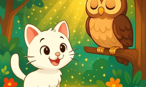 Un petit chat nommé Minou, au pelage blanc et aux yeux curieux, se tient dans une clairière, excité. Il sourit, ses moustaches frémissant sous la brise. À ses côtés, une vieille chouette aux plumes brunes et dorées l'observe avec bienveillance, prête à partager sa sagesse. La clairière est illuminée par une lumière dorée et une pluie de poussière magique, entourée de fleurs colorées et de grands arbres. Minou écoute attentivement la chouette, absorbant chaque mot, tandis que la magie de l'Aube Dorée les entoure, promettant des aventures extraordinaires.