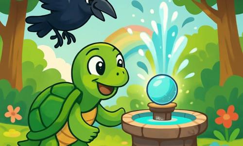 Tilly, une tortue à la carapace verte éclatante et aux yeux curieux, se tient devant une fontaine de cristal scintillante, son visage rayonnant d'émerveillement et de détermination. À ses côtés, Cornélius, un vieux corbeau aux plumes noires brillantes, vole légèrement au-dessus d'elle, observant la scène avec bienveillance. La clairière est entourée d'arbres majestueux et de fleurs colorées dansant au vent. La fontaine en pierres anciennes projette des gouttes d'eau étincelantes, créant un arc-en-ciel. Tilly s'approche de la perle de sagesse sur le socle de la fontaine, joyeuse et excitée, prête à découvrir le trésor qui changera sa vie.
