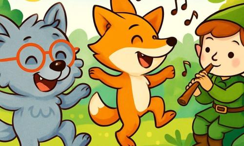 Un petit loup-garou nommé Lupi, avec une fourrure gris clair et des lunettes rouges, danse joyeusement entouré de fleurs colorées. À ses côtés, son ami Tino, un renard espiègle au pelage orange vif et chapeau pointu, saute de joie. En arrière-plan, une clairière ensoleillée de la forêt magique est remplie de champignons géants, de fleurs dansantes et de papillons multicolores. Lupi et Tino dansent au son de la musique d'un elfe, créant une ambiance festive et enchantée.