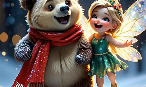 Au centre de l'image, Oscar l'ours, un jeune ourson aux poils bruns, sourit avec curiosité, portant un foulard rouge. À sa droite, Lily, la fée des rires, rit en lançant des paillettes, tandis qu'à gauche, Clochette le lutin jongle avec des pommes de pin. Le décor est une tente de carnaval colorée, avec des guirlandes et des lumières scintillantes, créant une ambiance festive et magique. La scène évoque la joie et l'excitation d'un carnaval plein de surprises.