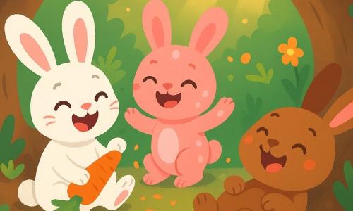 Un petit lapin blanc nommé Léo, avec de grandes oreilles et des yeux malicieux, est assis dans un terrier douillet, riant après avoir tiré sur une carotte. À côté de lui, sa sœur Mimi, un lapin rose avec des taches blanches, rit les pattes en l'air. Son frère Toto, un lapin brun aux joues rondes, est allongé sur le sol, se roulant de rire. Le terrier est rempli de feuillages verts, de petites fleurs et de rayons de soleil, créant une ambiance joyeuse. Les trois lapins partagent une carotte, éclatant de rire ensemble, remplis de bonheur.